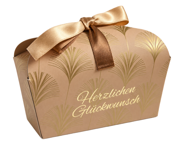 Poche „Herzlichen Glückwunsch“ für Pralinen mit goldener Art-Déco-Verzierung